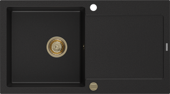 Mexen Leo chiuvetă din granit cu 1 cuvă cu scurgător 900 x 500 mm, negru, sifon auriu - 6501901010-77-G