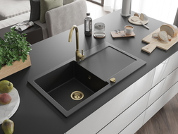 Mexen Leo chiuvetă din granit cu 1 compartiment cu picurător 900 x 500 mm, Neagră, sifon Auriu - 6501901010-77-G