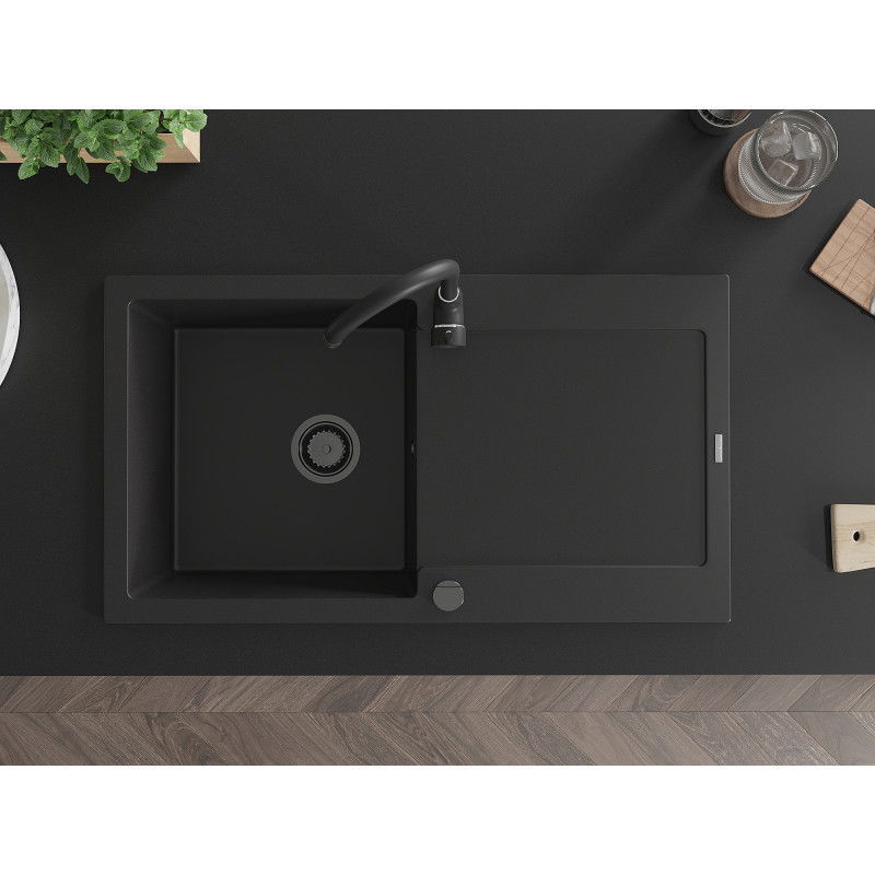 Mexen Leo chiuvetă de granit cu 1 compartiment cu scurgător 900 x 500 mm, negru, sifon negru - 6501901010-77-B