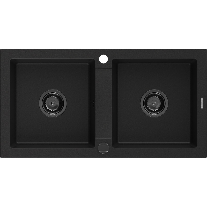 Mexen Mario gránit mosogató 2 rekeszes 820 x 436 mm, fekete, fekete szifon - 6504822000-77-B
