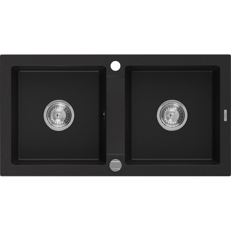 Mexen Mario gránit 2-medencés mosogató 820 x 436 mm, fekete, króm szifon - 6504822000-77