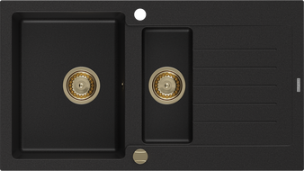 Mexen Matias chiuvetă din granit 1,5 cuve cu picurător 900 x 505 mm, negru, sifon auriu - 6502901505-77-G