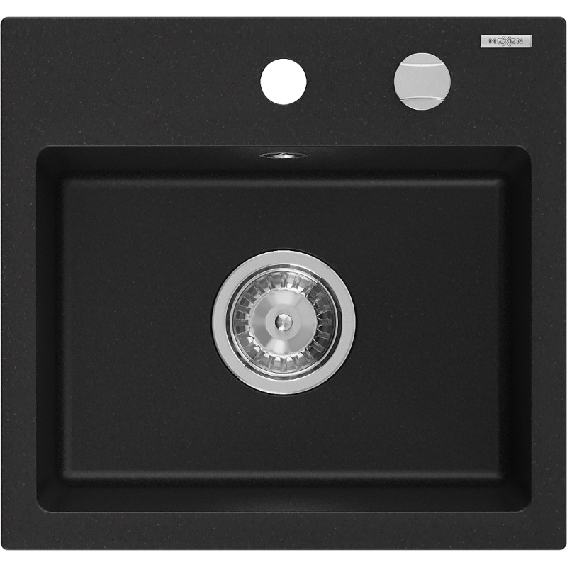 Mexen Milo gránit mosogató 1-medencés 435 x 410 mm, fekete, króm szifon - 6505441000-77