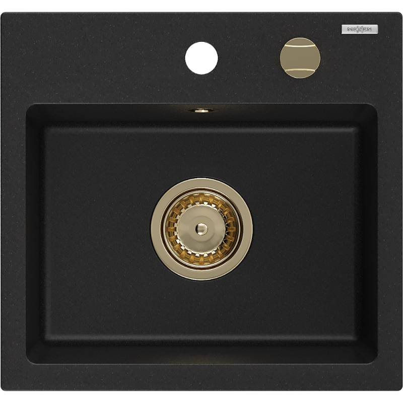 Mexen Milo 1-medencés gránit mosogató 435 x 410 mm, fekete, arany szifon - 6505441000-77-G