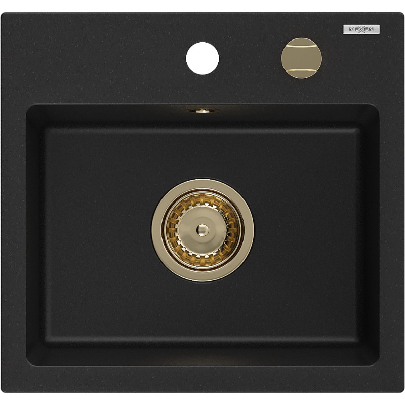 Mexen Milo 1-medencés gránit mosogató 435 x 410 mm, fekete, arany szifonnal - 6505441000-77-G