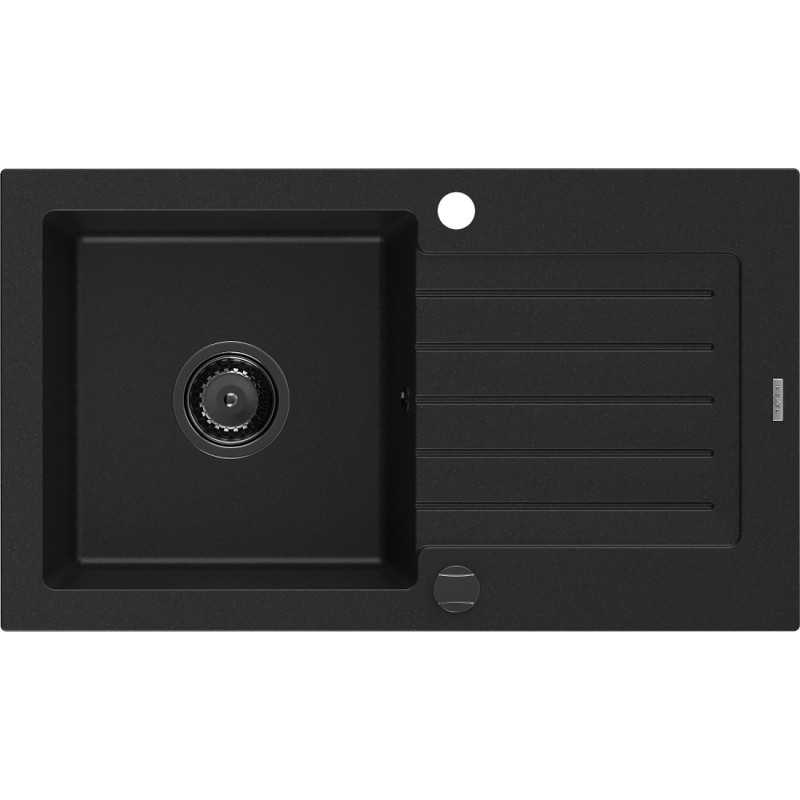 Mexen Pablo chiuvetă de granit cu 1 compartiment și scurgător 752 x 436 mm, neagră, sifon negru - 6510751010-77-B
