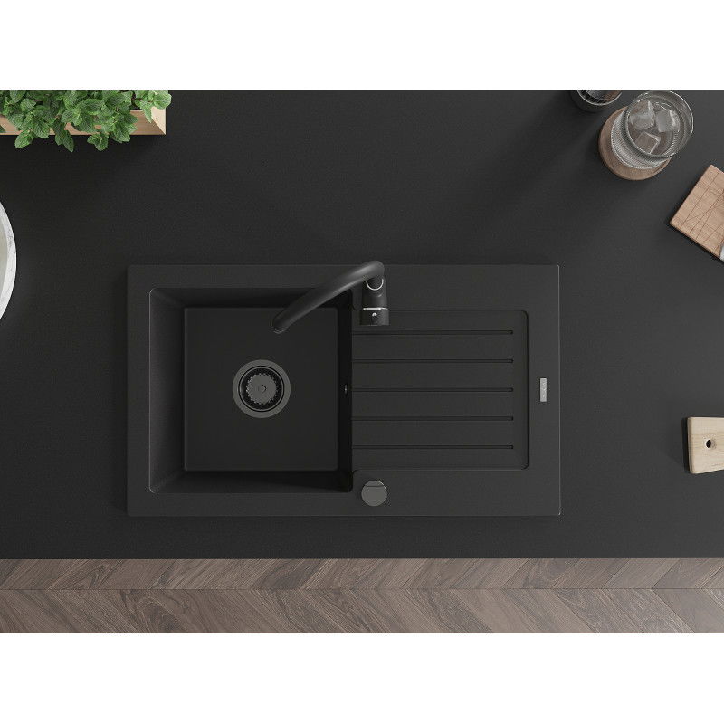 Mexen Pablo chiuvetă de granit cu o singură cuvă și scurgător 752 x 436 mm, negru, sifon negru - 6510751010-77-B