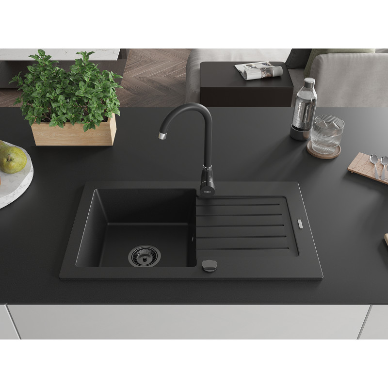 Mexen Pablo chiuvetă din granit cu 1 compartiment și scurgător 752 x 436 mm, negru, sifon negru - 6510751010-77-B