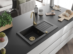 Mexen Pablo chiuvetă din granit cu 1 compartiment cu picurător 752 x 436 mm, Neagră, sifon Auriu - 6510751010-77-G