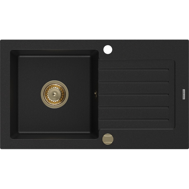 Mexen Pablo chiuvetă de granit cu 1 cuvă și scurgător 752 x 436 mm, negru, sifon auriu - 6510751010-77-G