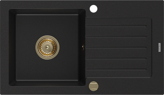 Mexen Pablo chiuvetă de bucătărie granitică cu 1 compartiment și scurgător 752 x 436 mm, negru, sifon auriu - 6510751010-77-G
