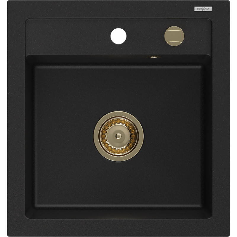 Mexen Vito gránit mosogató 1-medencés 520 x 490 mm, fekete, arany szifon - 6503521000-77-G