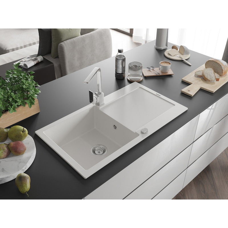 Mexen Leo chiuvetă de granit cu 1 cuvă, cu scurgător și baterie de bucătărie Rita, albă - 6501-20-670300-00