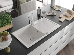 Mexen Leo egymedencés gránit mosogató csöpögtetővel és Rita konyhai csapteleppel, fehér - 6501-20-670300-00