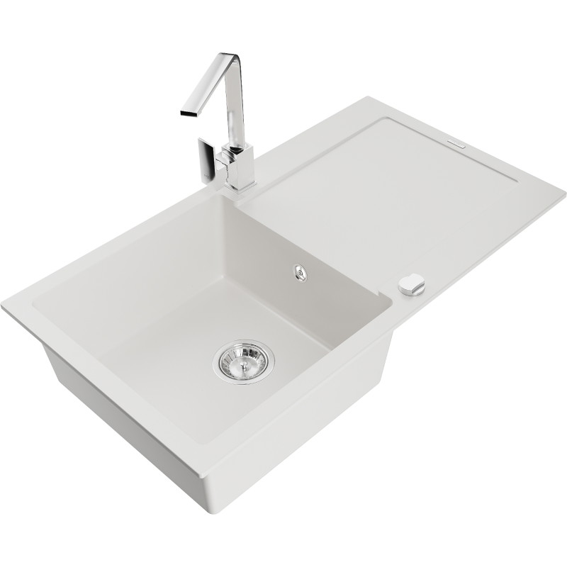 Mexen Leo chiuvetă de granit cu 1 cuvă, cu scurgător și baterie de bucătărie Rita, albă - 6501-20-670300-00