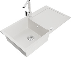 Mexen Leo chiuvetă de granit cu 1 compartiment și scurgător și baterie de bucătărie Rita, alb - 6501-20-670300-00