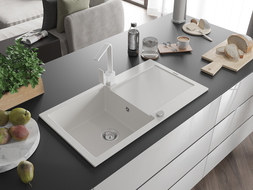 Mexen Leo gránit mosogató 1-medencés csepegtetővel és Rita konyhai csapteleppel, fehér - 6501-20-670300-20