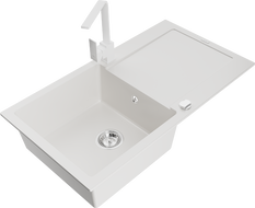 Mexen Leo chiuvetă de granit cu 1 compartiment cu scurgător și baterie de bucătărie Rita, alb - 6501-20-670300-20