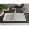 Mexen Leo chiuvetă de granit cu un compartiment, cu picurător și baterie de bucătărie Rita, Albă - 6501-20-670300-50