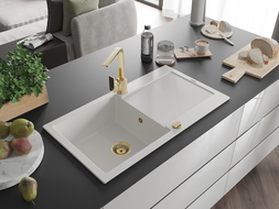 Mexen Leo 1 rekeszes, csepegtetős gránit mosogató és Rita konyhai csaptelep, fehér - 6501-20-670300-50