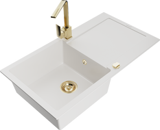 Mexen Leo chiuvetă de granit cu 1 compartiment și scurgător și baterie de bucătărie Rita, alb - 6501-20-670300-50