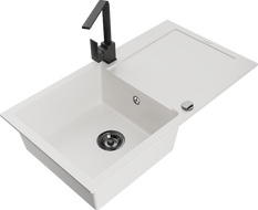 Mexen Leo chiuvetă de granit cu 1 compartiment cu scurgător și baterie de bucătărie Rita, alb - 6501-20-670300-70