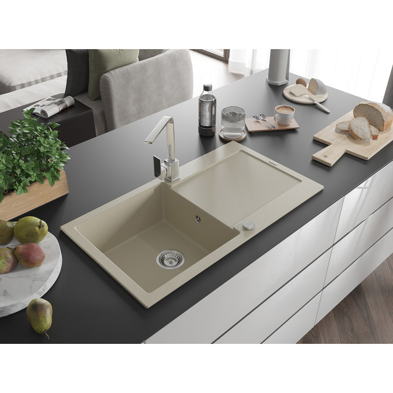 Mexen Leo chiuvetă granitică 1-cameră cu scurgător și baterie de bucătărie Rita, bej - 6501-69-670300-00
