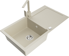 Mexen Leo chiuveta de bucătărie din granit, cu o cuvă și scurgător, cu baterie de bucătărie Rita, bej - 6501-69-670300-69