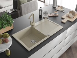 Mexen Leo egymedencés gránit mosogató csepegtetővel és Rita konyhai csapteleppel, bézs - 6501-69-670300-69