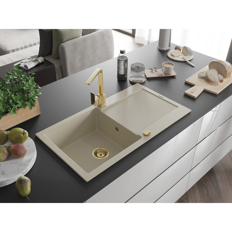 Mexen Leo chiuvetă de granit cu 1 compartiment cu scurgător și baterie de bucătărie Rita, bej - 6501-69-670300-50