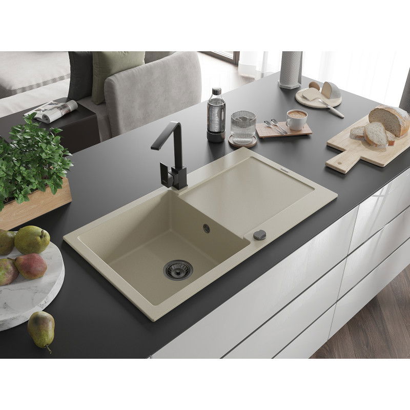 Mexen Leo gránit mosogató 1-medencés csepegtetővel és Rita konyhai csapteleppel, bézs - 6501-69-670300-70