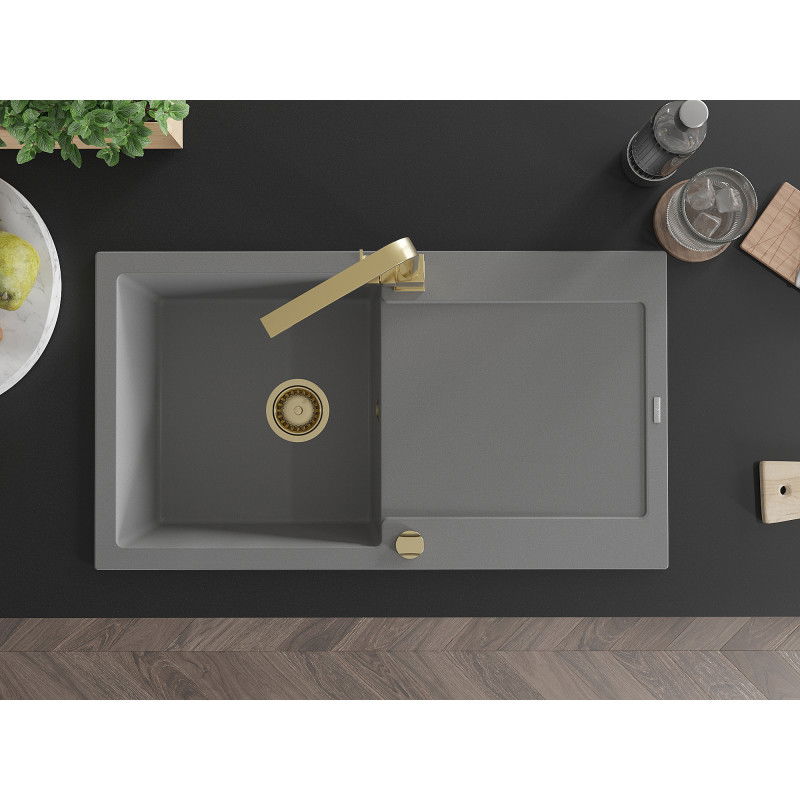 Mexen Leo chiuvetă de granit cu 1 cuvă cu scurgător și baterie de bucătărie Rita, gri - 6501-71-670300-50