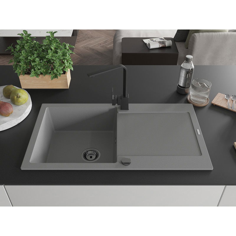 Mexen Leo chiuvetă granit 1-cameră cu scurgător și baterie de bucătărie Rita, gri - 6501-71-670300-70-B