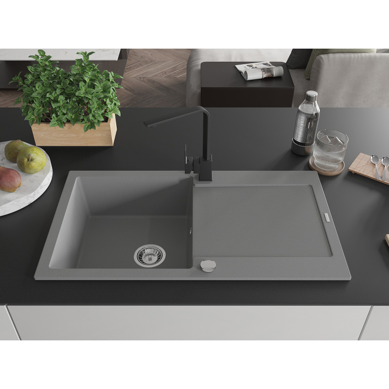 Mexen Leo chiuvetă de granit cu 1 compartiment cu scurgător și baterie de bucătărie Rita, gri - 6501-71-670300-70