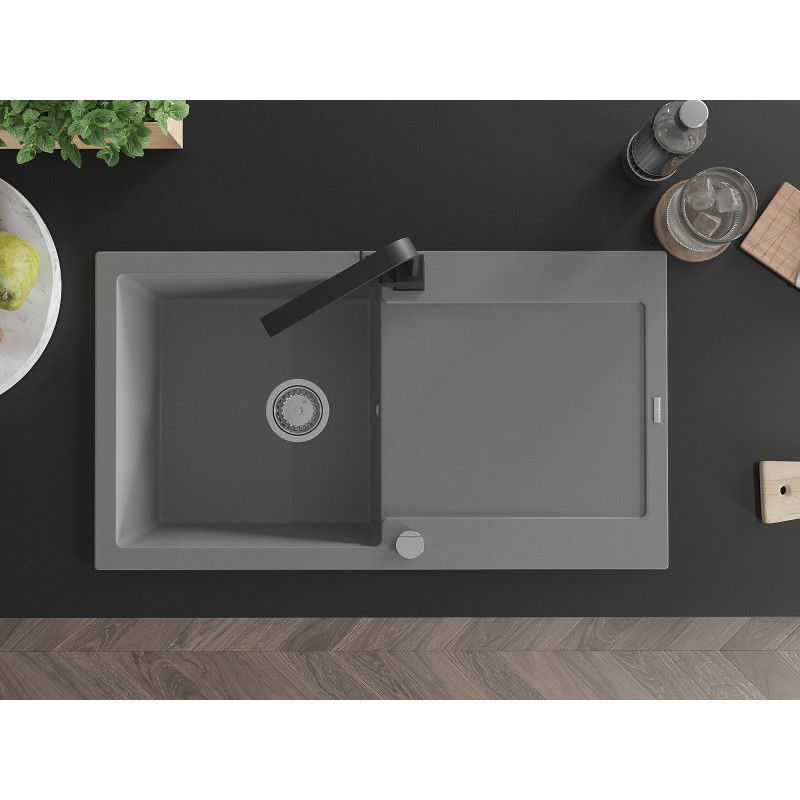 Mexen Leo egykamrás gránit mosogató csöpögtetővel és Rita konyhai csappal, szürke - 6501-71-670300-70