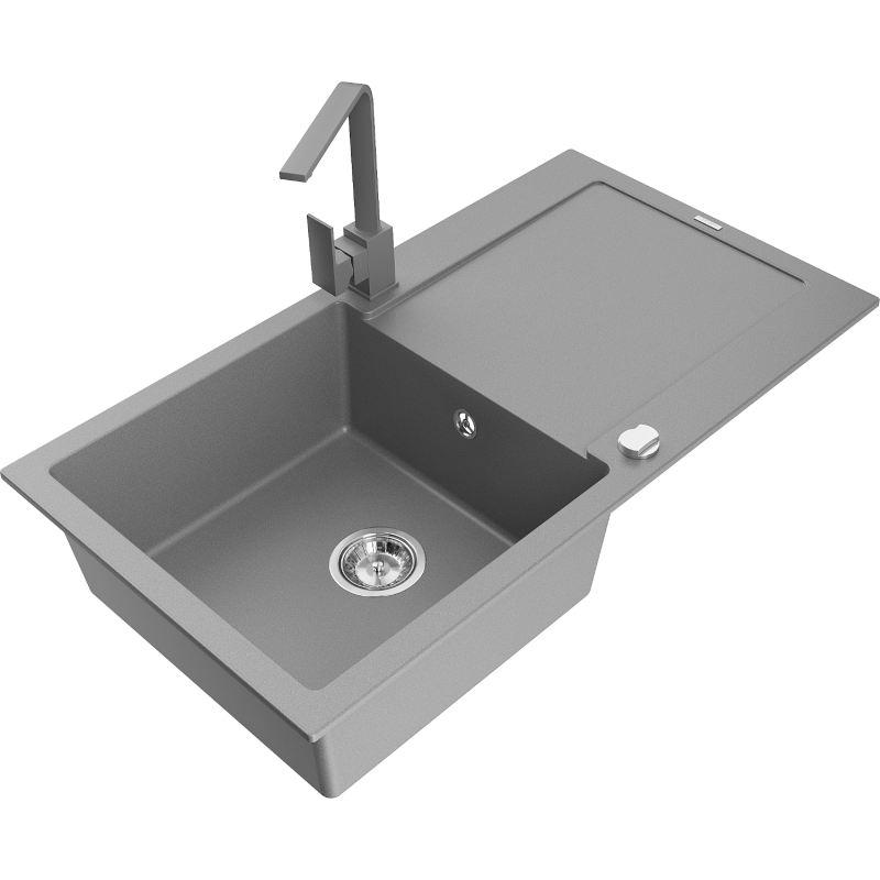 Mexen Leo chiuvetă de granit cu 1 compartiment cu scurgător și baterie de bucătărie Rita, gri - 6501-71-670300-71