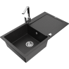 Mexen Leo chiuvetă granitică cu o singură cuvă cu scurgător și baterie de bucătărie Rita, negru/argintiu metalizat