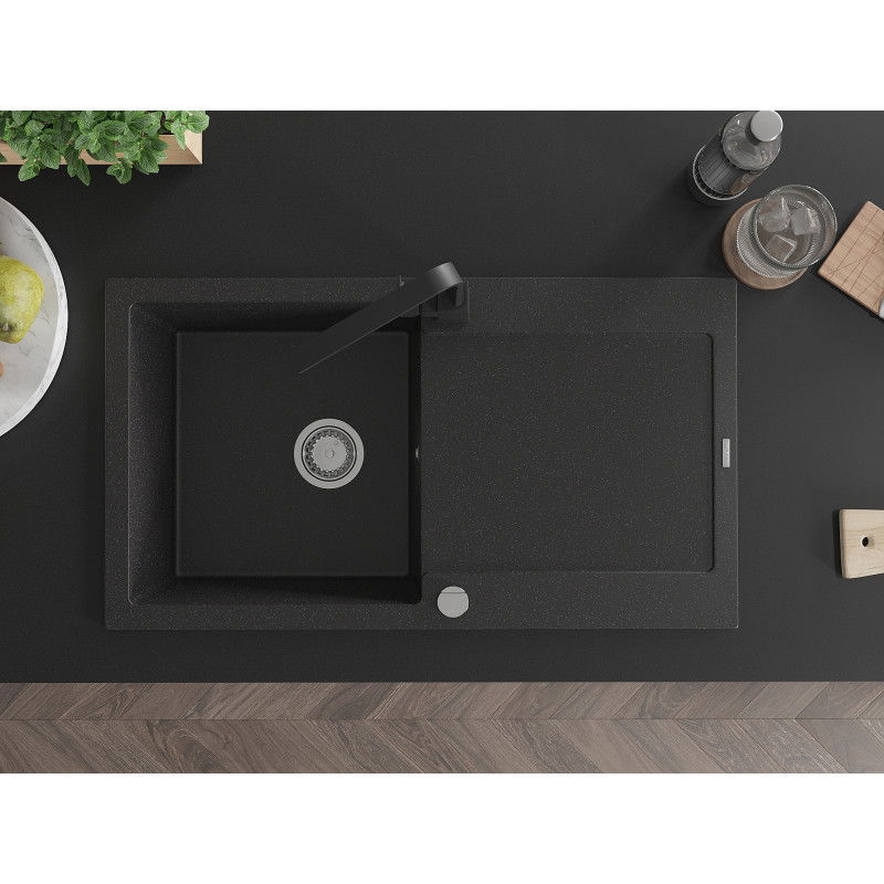 Mexen Leo chiuvetă de granit cu 1 compartiment, cu scurgător și baterie de bucătărie Rita, negru/metalizat argintiu