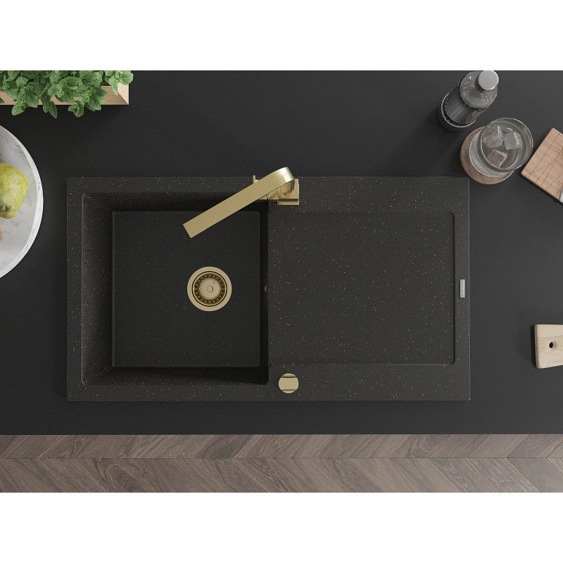 Mexen Leo chiuvetă de granit cu 1 compartiment cu scurgător și baterie de bucătărie Rita, negru/auriu metalic