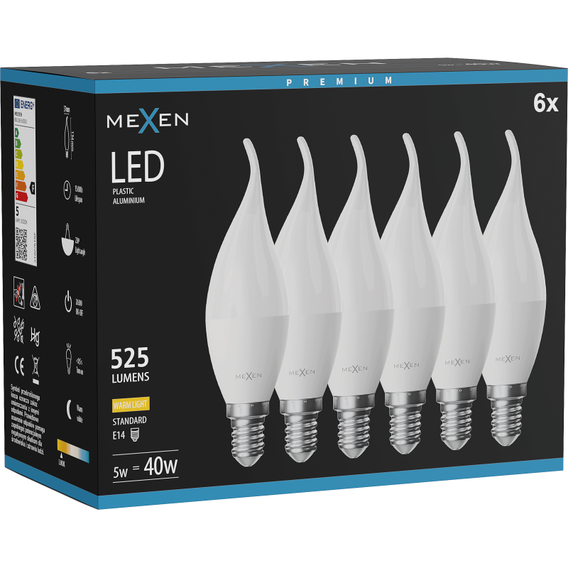 Mexen Nova 6x LED gyertya izzó E14, C37, 5W, Meleg - 3000K, 525 lm - L106-E14-0530-01x06