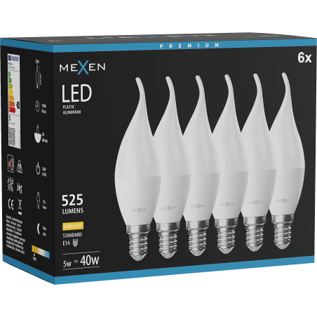 Mexen Nova 6x LED gyertya izzó E14, C37, 5W, Meleg - 3000K, 525 lm - L106-E14-0530-01x06