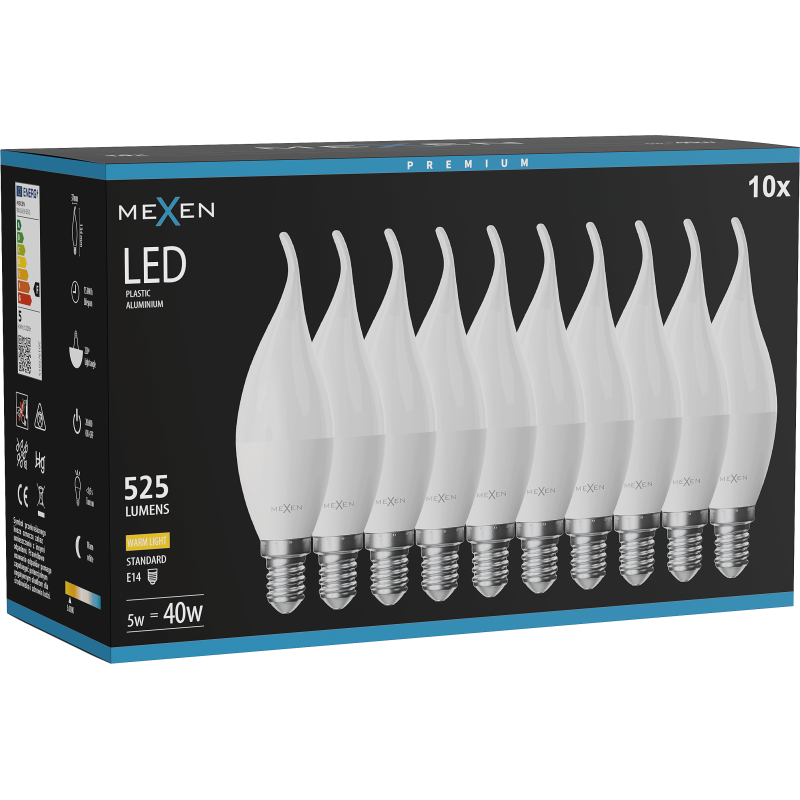 Mexen Nova 10x Bec Edison LED Flacără E14, C37, 5W, Caldă - 3000K, 525 lm - L106-E14-0530-01x10