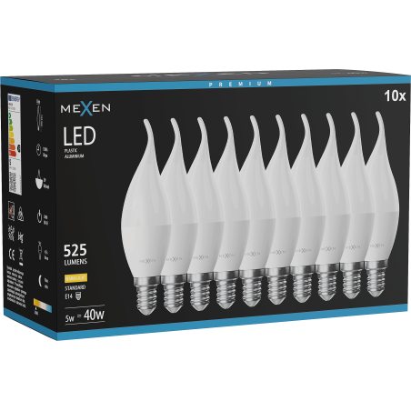 Mexen Nova 10x Bec Edison LED Flacără E14, C37, 5W, Caldă - 3000K, 525 lm - L106-E14-0530-01x10