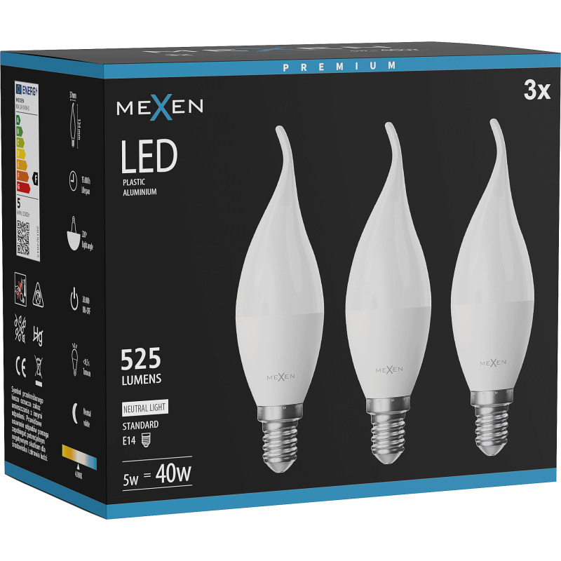 Mexen Nova 3x LED izzó láng E14, C37, 5W, Semleges - 4000K, 525 lm - L106-E14-0540-01x03