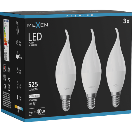 Mexen Nova 3x LED izzó láng E14, C37, 5W, Semleges - 4000K, 525 lm - L106-E14-0540-01x03
