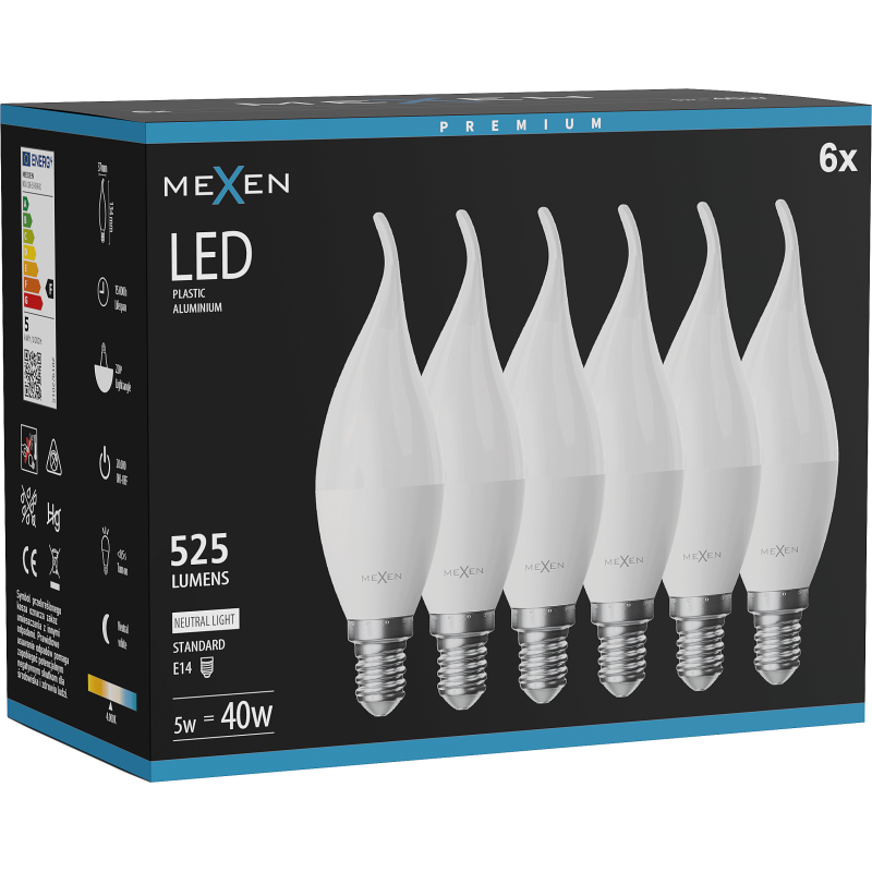 Mexen Nova 6x LED lámpa, gyertyaláng E14, C37, 5W, Semleges - 4000K, 525 lm - L106-E14-0540-01x06