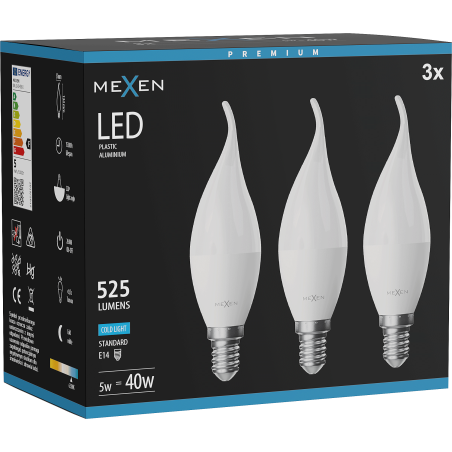 Mexen Nova 3x E14-es, C37-es, 5W LED izzó, Láng alakú, Hideg - 6500K, 525 lm - L106-E14-0565-01x03
