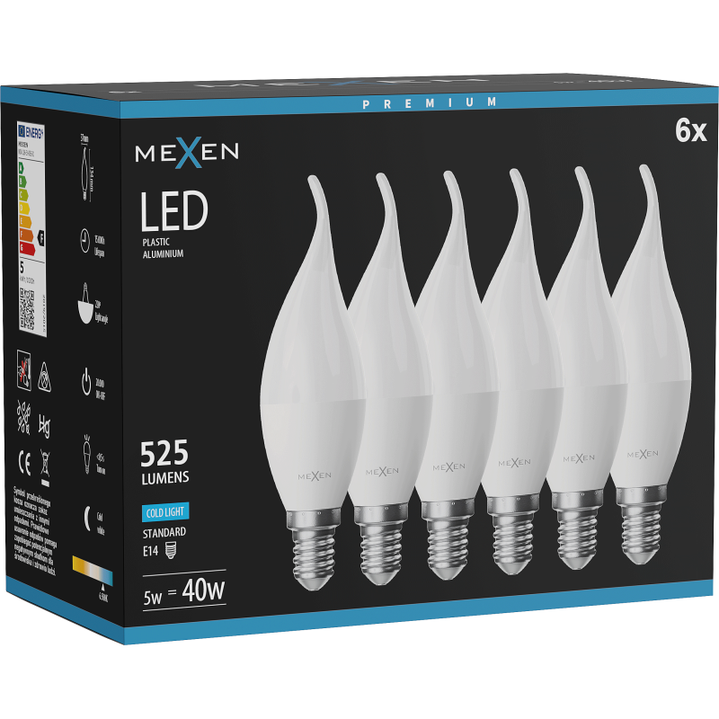 Mexen Nova 6x LED izzó láng E14, C37, 5W, Hideg - 6500K, 525 lm - L106-E14-0565-01x06