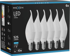 Mexen Nova 6x LED izzó láng E14, C37, 5W, Hideg - 6500K, 525 lm - L106-E14-0565-01x06