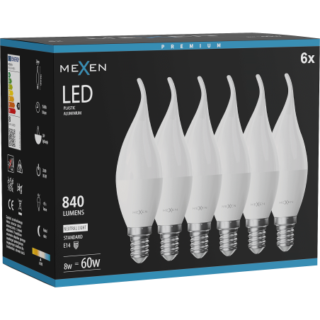 Mexen Nova 6x LED izzó gyertyaláng E14, C37, 8W, Semleges - 4000K, 840 lm - L106-E14-0840-01x06